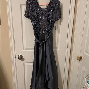 R & M Richards Navy Sequin High Low Dress